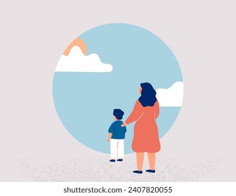 Child does first steps in personal realisation and growth. Mother aids her son to get rids doubt and supports him. Childcare and Psychological help concept. Vector illustration