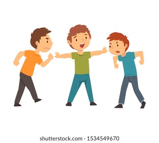 Child does not allow two of his friends to fight cartoon vector illustration