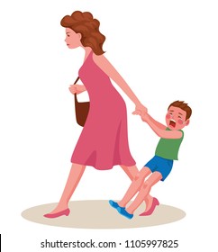 child does not listen to his mother. naughty kid is crying and hysteria, disgruntled mother. woman drags the boy by the hand. 