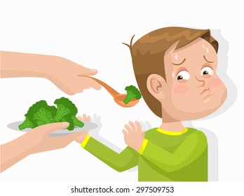 Child does not want to eat broccoli. Vector flat illustration