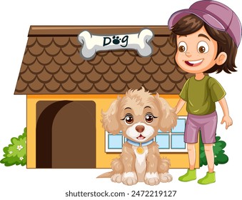 A child and dog standing outside a doghouse