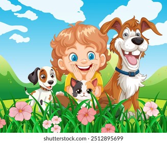 Niño con perros y gato en un campo