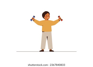 Child doing exercise with dumbbells at home. School boy raised up hands with sport tools. Healthy lifestyle and physical activity in childhood. Vector illustration