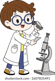 A child doing experiments. A child wearing a lab coat and glasses. microscope.