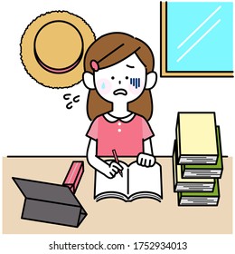 
Child doing his homework on the last day of summer vacation