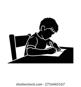 Criança fazendo lição de casa ou desenho, aluno estudando na mesa, processo de educação e aprendizagem, criança concentrando-se na tarefa escolar