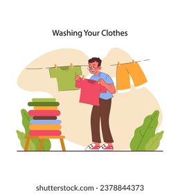 Child doing household chores. Formation of your child's responsibility. Little kid doing household chores, helping parents with cleaning. Positive parenting tips. Flat vector illustration