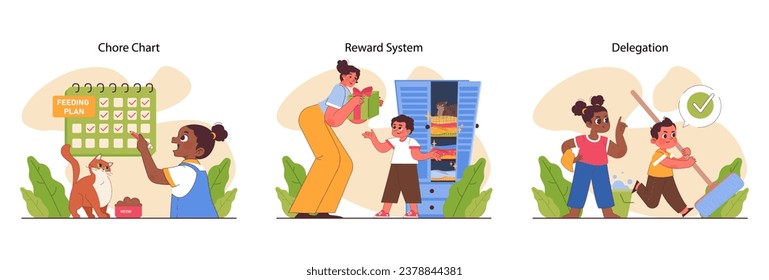 Child doing household chores. Formation of your child's responsibility. Little kid doing household chores, helping parents with cleaning. Positive parenting tips. Flat vector illustration