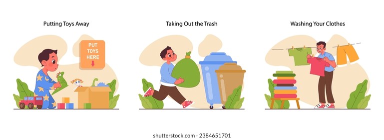 Child doing household chores. Formation of your child's responsibility. Little kid doing household chores, helping parents with cleaning. Positive parenting tips. Flat vector illustration