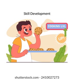 Child doing household chores. Formation of your child's responsibility. Little kid doing household chores, helping parents with cooking. Positive parenting tips. Flat vector illustration
