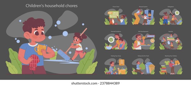 Child doing household chores night or dark mode set. Formation of your child's responsibility. Little kid helping parents with cleaning. Positive parenting tips. Flat vector illustration