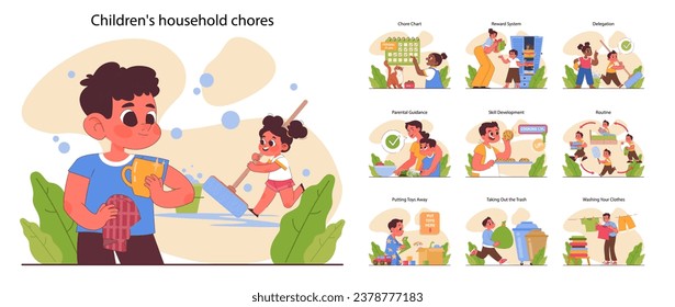 Child doing household chores set. Formation of your child's responsibility. Little kid doing household chores, helping parents with cleaning. Positive parenting tips. Flat vector illustration