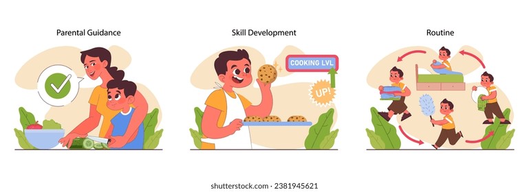 Child doing household chores set. Formation of your child's responsibility. Little kid doing household chores, helping parents with cleaning. Positive parenting tips. Flat vector illustration