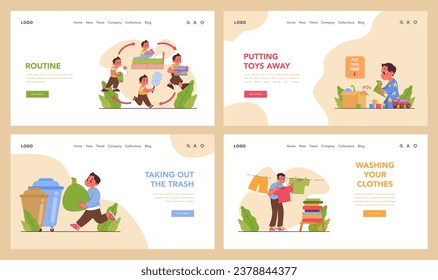 Child doing household chores web banner or landing page set. Formation of your child's responsibility. Kid helping parents with cleaning. Positive parenting tips. Flat vector illustration
