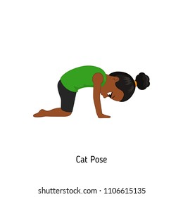 Child doing yoga. Cat Yoga Pose. Cartoon style illustration isolated on white background.