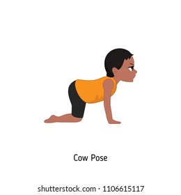 Child doing yoga. Cow Yoga Pose. Cartoon style illustration isolated on white background.