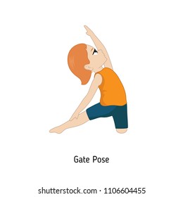 Child doing yoga. Gate Yoga Pose. Cartoon style illustration isolated on white background.