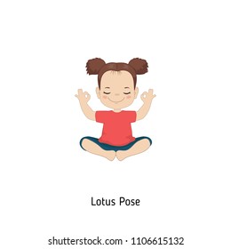 Child doing yoga. Lotus Yoga Pose. Cartoon style illustration isolated on white background.