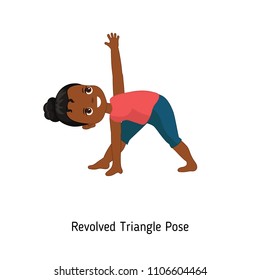 Child doing yoga. Revolved Triangle Yoga Pose. Cartoon style illustration isolated on white background.