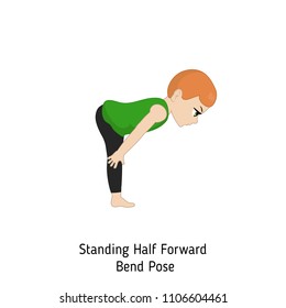 Child doing yoga. Standing Half Forward Bend Yoga Pose. Cartoon style illustration isolated on white background.