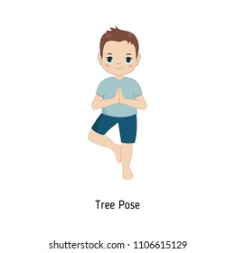 Child doing yoga. Tree Yoga Pose. Cartoon style illustration isolated on white background.