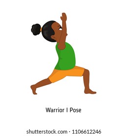 Child doing yoga. Warrior one Yoga Pose. Cartoon style illustration isolated on white background.