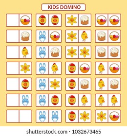 Child dominoes on the theme of Easter. Children educational game. Printable activity, board game. Vector illustration