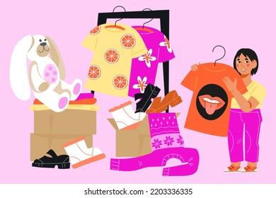 Child donating old clothing, footwear and toys. Child taking part in donation and charity event, flat vector illustration isolated on background.