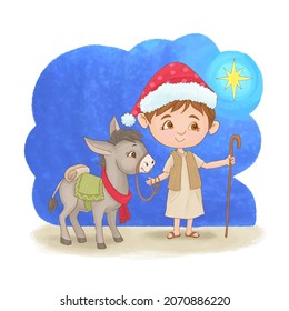 Child with donkey for greeting christmas card