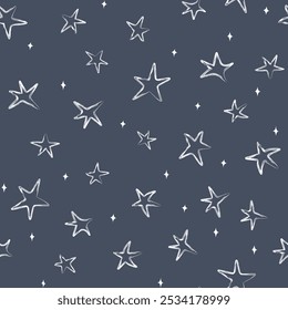 Child Doodles Stars sparkle Seamless Pattern. Abstract outline drawn white Outline star. Cute Simple Night sky Background. Paintbrush vector Illustration