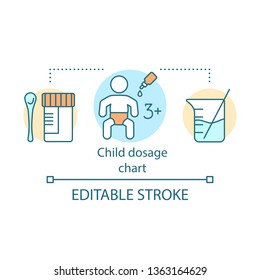 Child dosage chart concept icon. Dosing medicines for children. Dosage cup, measuring spoon. Doctor prescription. Child treatment idea thin line icon. Vector isolated outline drawing. Editable stroke