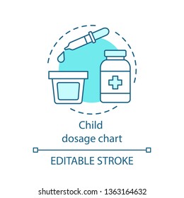 Child dosage chart concept icon. Dosing drugs for children. Dropper, dosage cup. Doctor prescription. Child treatment idea thin line illustration. Vector isolated outline drawing. Editable stroke