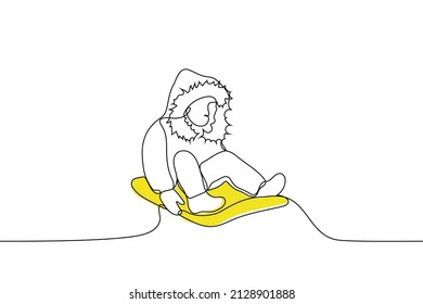 child in a down jacket with a fur hood put on his head sits on an ice rink - one line drawing vector. the concept of winter active entertainment and hobbies, children's leisure time in winter 