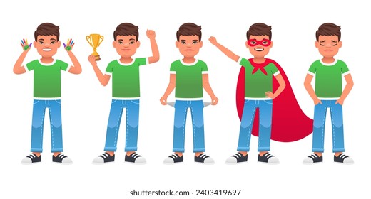 Child with Down syndrome stands with a cup in his hand, in a superhero costume, sad, with empty pockets, with hands with multicolored paint. Set of different poses and emotions of a sunny boy.