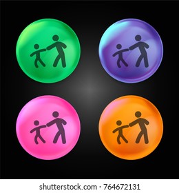 Child dragging his father crystal ball design icon in green - blue - pink and orange.