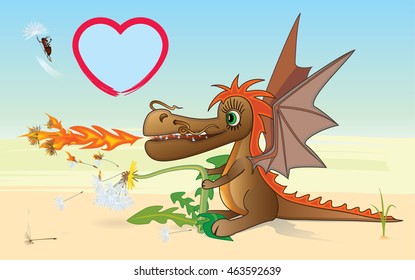 Child dragon, ant and dandelion, vector illustration. Valentine card.