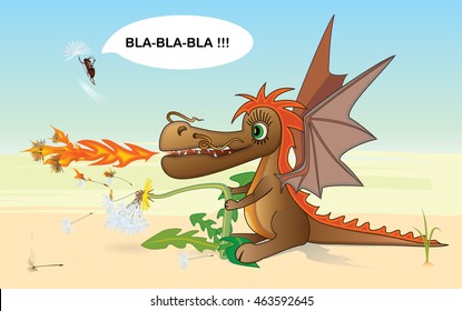 Child dragon, ant and dandelion, vector illustration.