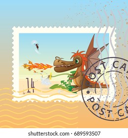 Child dragon, ant and dandelion. Vector illustration. Line Art. Stamp. Mark. Postcard.