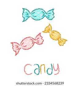 Child drawing candy with crayon texture, pastel color pencil doodle vector illustration