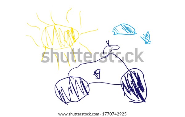 Child drawing of car and sun and\
clouds. Drawing of four year child. Vector\
illustration