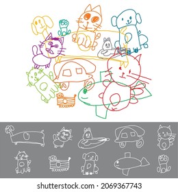 Child drawing with cats and dogs