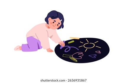 Child drawing with chalk. Girl with crayon, painting doodles. Kindergarten kid, preschool play time, leisure. Cute creative preschooler. Flat vector illustration isolated on white background