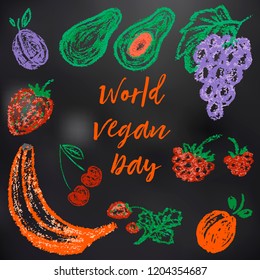 Child drawing with chalk on a black board. World Vegan Day. Plum, avocado, grapes, raspberries, strawberries, cherries, strawberries banana apricots