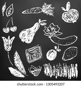 Child drawing with chalk on a black board. Design elements of packaging, postcards, wraps, covers. Sweet children's creativity. Leaves, carrots, apple, cherry, pear, cucumber, tulip, square, hea