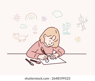 Child Drawing with Colored Pencils. Hand drawn style vector design illustrations.