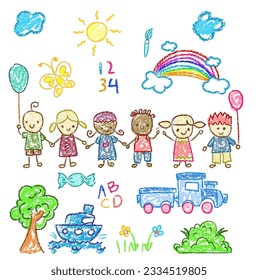 Dibujo infantil con lápices de colores. Dibujos en forma de lápices de colores de niños con las manos y dibujos en mano de niños, como árboles, arbustos, trenzas, nubes, arcoíris, letras y números, vector de doodle en color pastel