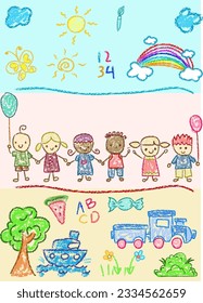 Dibujo infantil con lápices de colores. Dibujos en forma de lápices de colores de niños con las manos y dibujos en mano de niños, como árboles, arbustos, trenzas, nubes, arcoíris, letras y números, vector de doodle en color pastel