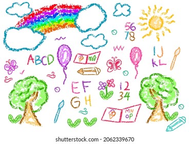 Child drawing with crayons. Kids doodle drawing, kids crayon drawing and rainbow, sun, tree, balloon, papper, abjad, number, pencils, brush