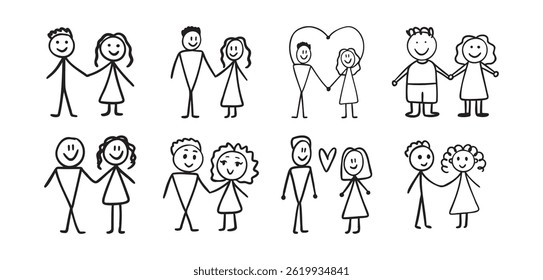 child drawing of a cute couple. simple sketch naive drawing of little people circles and lines. Love concept set. Vector illustration