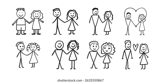 child drawing of a cute couple. simple sketch naive drawing of little people circles and lines. Love concept set. Vector illustration